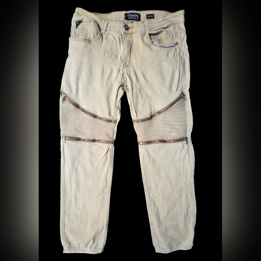 Seven Souls Moto Pants Streetwear Ribbed Zippers 32x28 Actual Stretch Waist Tan